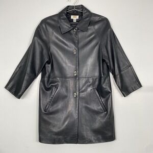 Talbots Coat Womens Petite Small Black Genuine Leather Toggle Lined MidLength